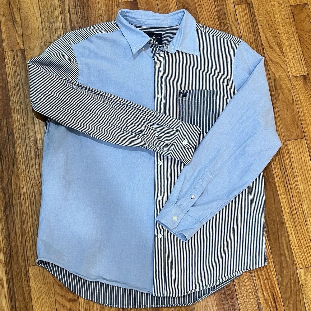 American Eagle Men’s XXL Blue Striped Colorblock Long Sleeve Button Down